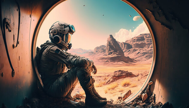 Science Fiction Pilot Sitting in Circular Window with Barren Landscape Generative AI