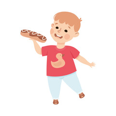 Little Boy Eating Sweet Eclair with Happy Face Enjoying Sugary Treat Vector Illustration