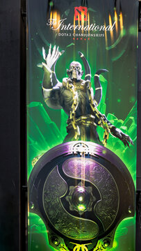 Vancouver, British Columbia, Canada, August 25, 2018: The International DOTA 2 Championships Billboard at the Vancouver s Rogers Arena