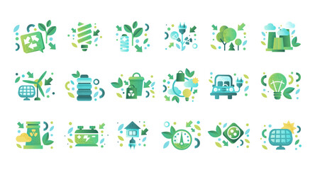 Ecology and renewable energy icons set. Alternative energy sources, power industry green signs vector illustration - obrazy, fototapety, plakaty