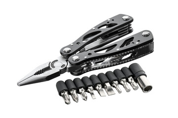Steel multitool isolated on white background. Opened multitool with pliers, file, blade, screwdriver, bottle opener and saw, with a white background. Multi tool with expanded tools and pliers 