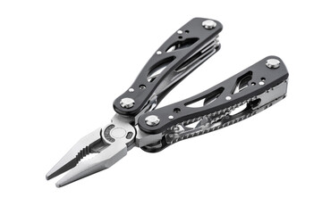 Steel multitool isolated on white background. Opened multitool with pliers, file, blade,...