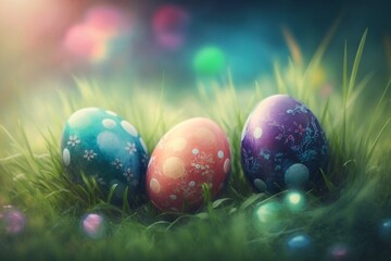 Colorful painted Easter eggs in grass, bokeh lights