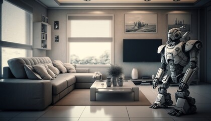 Futuristic home with robot helper in the living room. Created with Generative AI Technology
