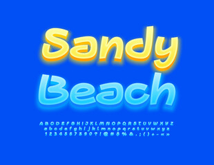 Vector travel poster Sandy Beach with Blue glowing Font. Modern Alphabet Letters, Numbers and Symbols set