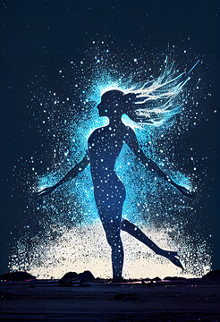 silhouette of a dancer, neon particles, generative ai