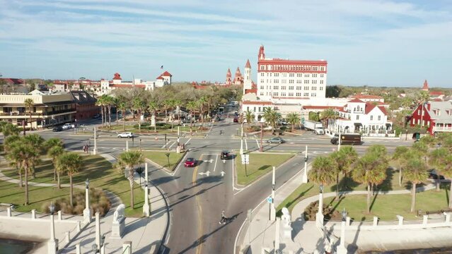 Aerial view of St. Augustine, Florida with forward camera motion along the Bridge of Lions and Cathedral Place.