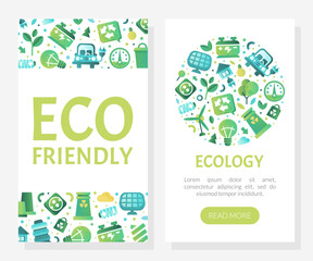 Eco friendly and ecology mobile app templates. Environmentally friendly world, clean renewable energy and power industry landing page