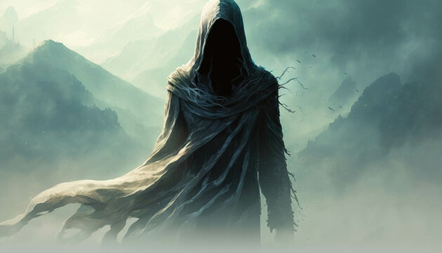 A faceless wraith lingers in the air the veil of death forever shrouding it. Fantasy art. AI generation.