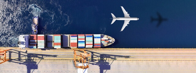 Aerial drone ultra wide top down concept photo of container terminal and plane flying above indicating popular cargo means of transport - obrazy, fototapety, plakaty