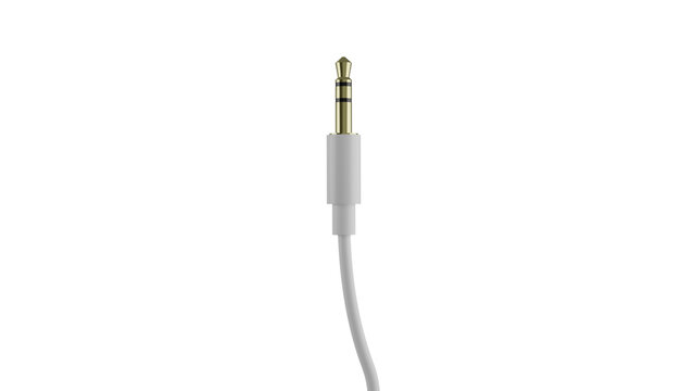 Golden 3.5mm mini jack plug with white cable isolated on transparent background. Audio concept. 3D render
