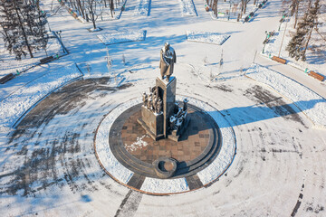 Kharkiv, Ukraine - January 20th, 2021: Aerial view to the Monument to Taras Shevchenko in the center of Kharkiv, Ukraine - obrazy, fototapety, plakaty