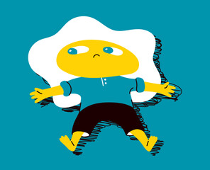 A male cartoon character is lying on the floor, his head is a broken egg. Concept illustration of apathy, professional burnout, abulia, fatigue and depression. Vector image.