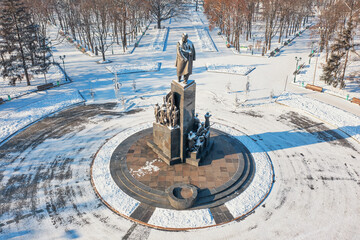 Kharkiv, Ukraine - January 20th, 2021: Aerial view to the Monument to Taras Shevchenko in the...