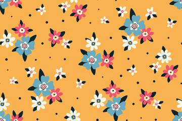 Seamless floral pattern, cute ditsy print with small decorative flora. Pretty botanical design with small hand drawn flowers, tiny leaves on yellow background. Vector illustration.