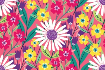 Wandcirkels aluminium Seamless floral pattern, cute decorative art botany print. Pretty botanical design with hand drawn summer meadow: large chamomiles, flowers on branches, leaves on pink background. Vector illustration. © Yulya i Kot
