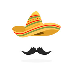 Mexican national sombrero hat and mustache. Cinco de Mayo festival holiday celebration. Cartoon tradition headwear. Vector illustration in trendy flat style.