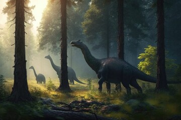 Ancient dinosaurs walking in the forest