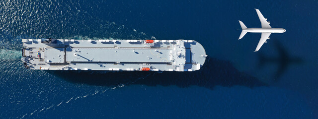 Aerial drone concept top down photo of huge car carrier ship RO-RO (Roll on Roll off) and plane...