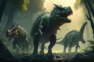 Ancient dinosaurs walking in the forest