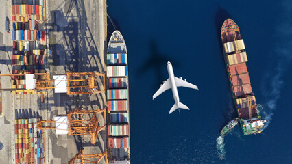 Aerial drone ultra wide top down concept photo of container terminal and plane flying above...
