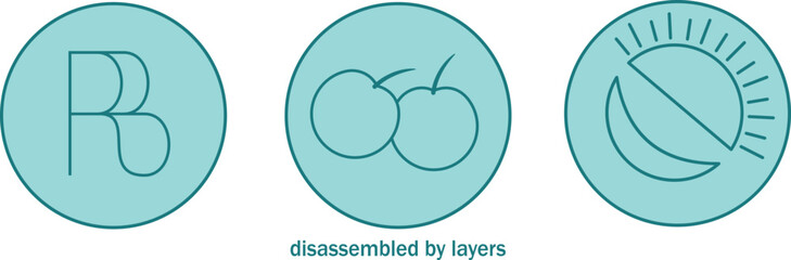 a set of round icons, cherry sun and moon, icons on a white background, new logos for business