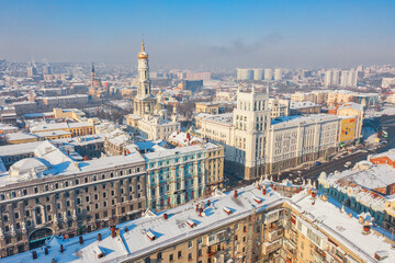 Kharkiv, Ukraine - January 20th, 2021: Aerial view to the central part of the city with historic buildings and city administration - 581216023