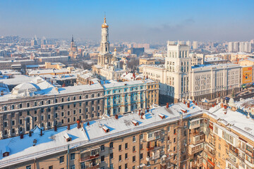 Kharkiv, Ukraine - January 20th, 2021: Aerial view to the central part of the city with historic buildings and city administration - 581216036