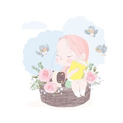 Cute Cartoon Girl reading Book with Cat