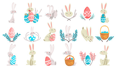 Cute Easter Bunny Having Long Ears with Eggs Engaged in Different Activity in the Garden Big Vector Set
