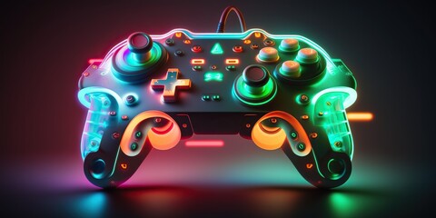 Video game controller with bright neon lights and futuristic design evoking sense of excitement and anticipation, created with Generative AI technology
