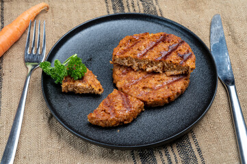 Tasty vegan burgers made from vegetarian plant based soya beans imitation meat