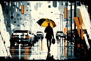 Abstract illustration of rainy city, people with umbrellas, colors, constructivism. Generative AI