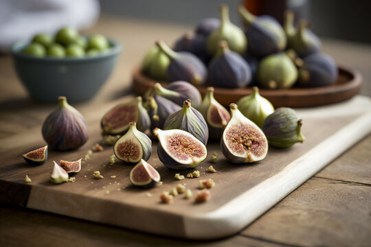Fresh Figs on Wooden Board. Ai generated.