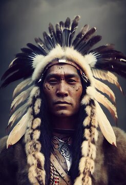 Portrt of a fictional Indian shaman from the Comanche Indian tribe. An ancient Indian hunter. Generative AI Art.