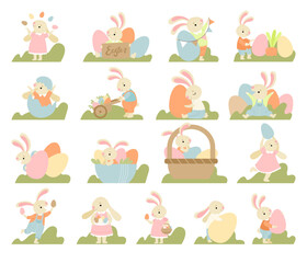 Cute Easter Bunny Having Long Ears with Eggs Engaged in Different Activity in the Garden Big Vector Set
