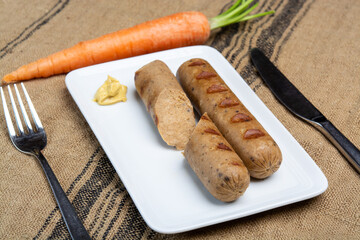 Tasty vegan sausages made from vegetarian plant based soya beans imitation meat