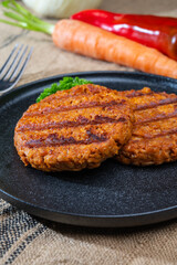 Tasty vegan burgers made from vegetarian plant based soya beans imitation meat