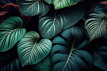 closeup nature view of green monstera leaf and palms background, dark nature background, tropical leaf