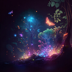 Mesmerizing bioluminescent night scene - nature, magic plants and creatures, in a colorful forest with a spectacular volumetric background, stars above. The breathtaking landscape, vibrant blue, pink