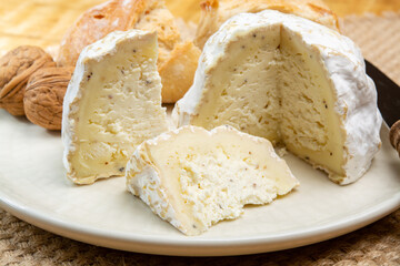 Cheese collection, soft cow French cheese with mold Gaperon artisanal lavored with cracked peppercorns and garlic produced in Auvergne