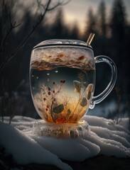 healthy vegan tea in winter landscape