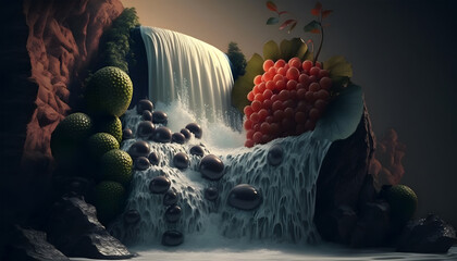 Grapes and chocolate on the background of a waterfall. 3d rendering. Generative AI technology.