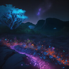 Mesmerizing bioluminescent night scene - nature, magic plants and creatures, in a colorful desert with a spectacular volumetric background, stars above. The breathtaking landscape, vibrant blue, pink