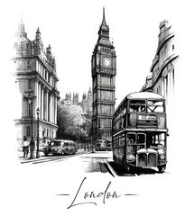 London city's street in sketch art style, outlined landscape