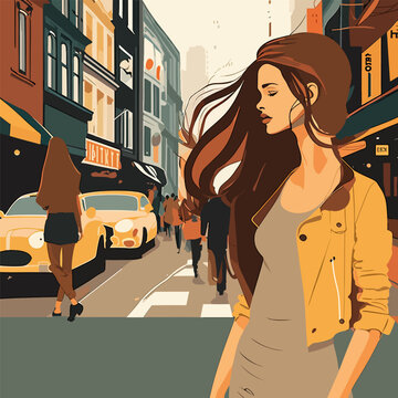 Beautiful thin girl standing on the street, vector flat illustration, EPS 10.
