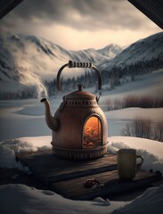 hot teapot and tea in winter season, winter landscape