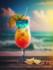 colorful alcoholic cocktail on the beach at sunset, sky and sea, drink