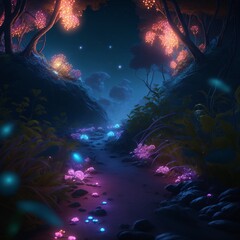 Fototapeta na wymiar Mesmerizing bioluminescent night scene - nature, magic plants and creatures, in a colorful forest with a spectacular volumetric background, stars above. The breathtaking landscape, vibrant blue, pink