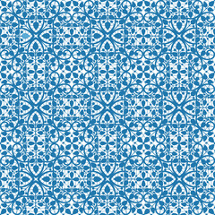 Seamless lace floral pattern.Vector blue abd white background. Vintage Lace Doily.